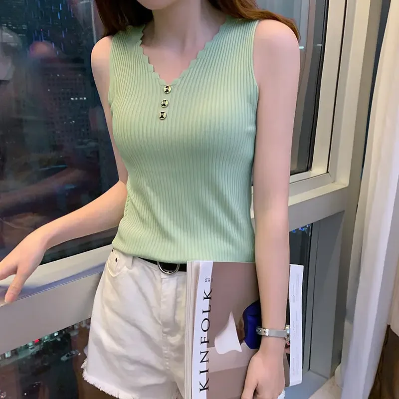 Knitted Small Vest Sport Camisole Women Tank Top Sexy Slim Korean Style Casual V-Neck Vest Fashion Sleeveless Tops Female Tee
