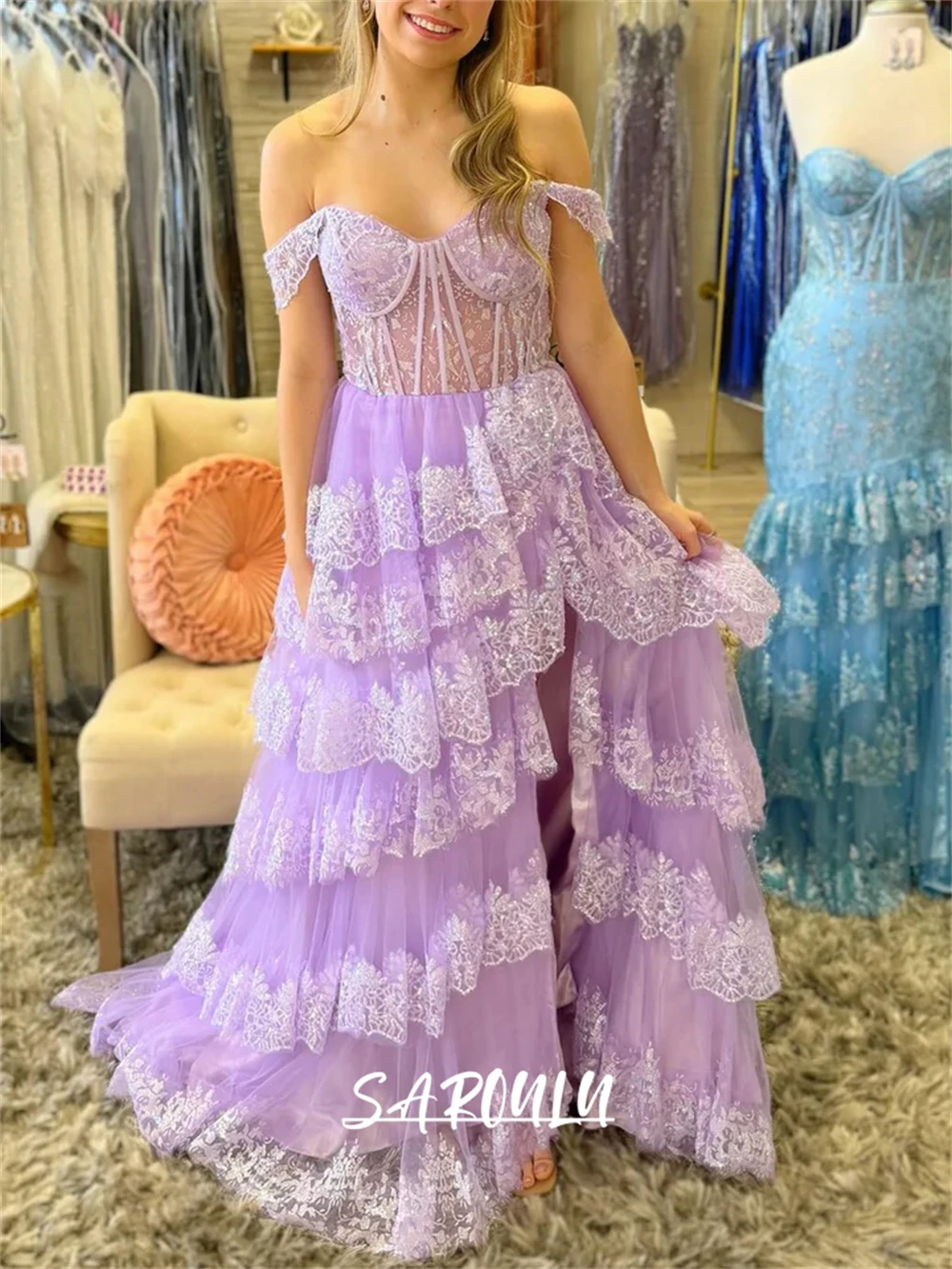 Sweet Tiered Prom Dress for Women A Line Lace Evening Dresses Off The Shoulder Sweet 15 Dresses Quinceanera Cocktail Dresses