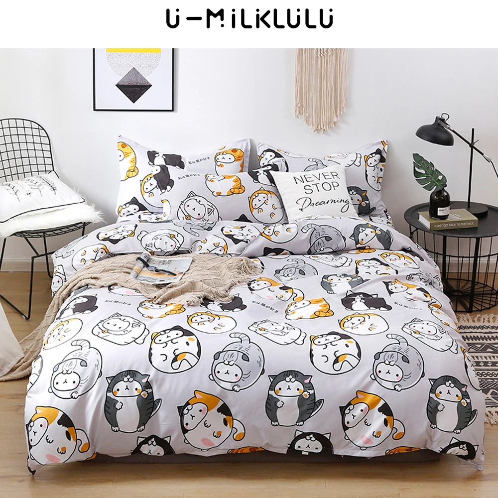 Imagem -02 - Cute Cat Bedding Grupo Folha Branca Solteiro Duplo Queen King Size Elastic Duvet Cover Fronhas Cartoon Animal Bed Comforters