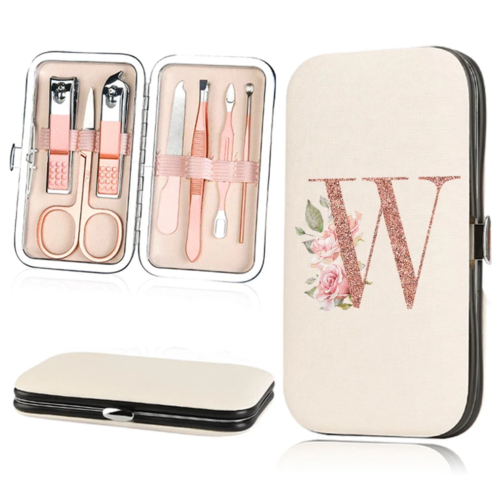 7Pcs Manicure Pedicure Set Portable Nail Clipper Kit Case Trimmer Organizer Stainless Steel Beauty Tool Rose Gold Letter Pattern