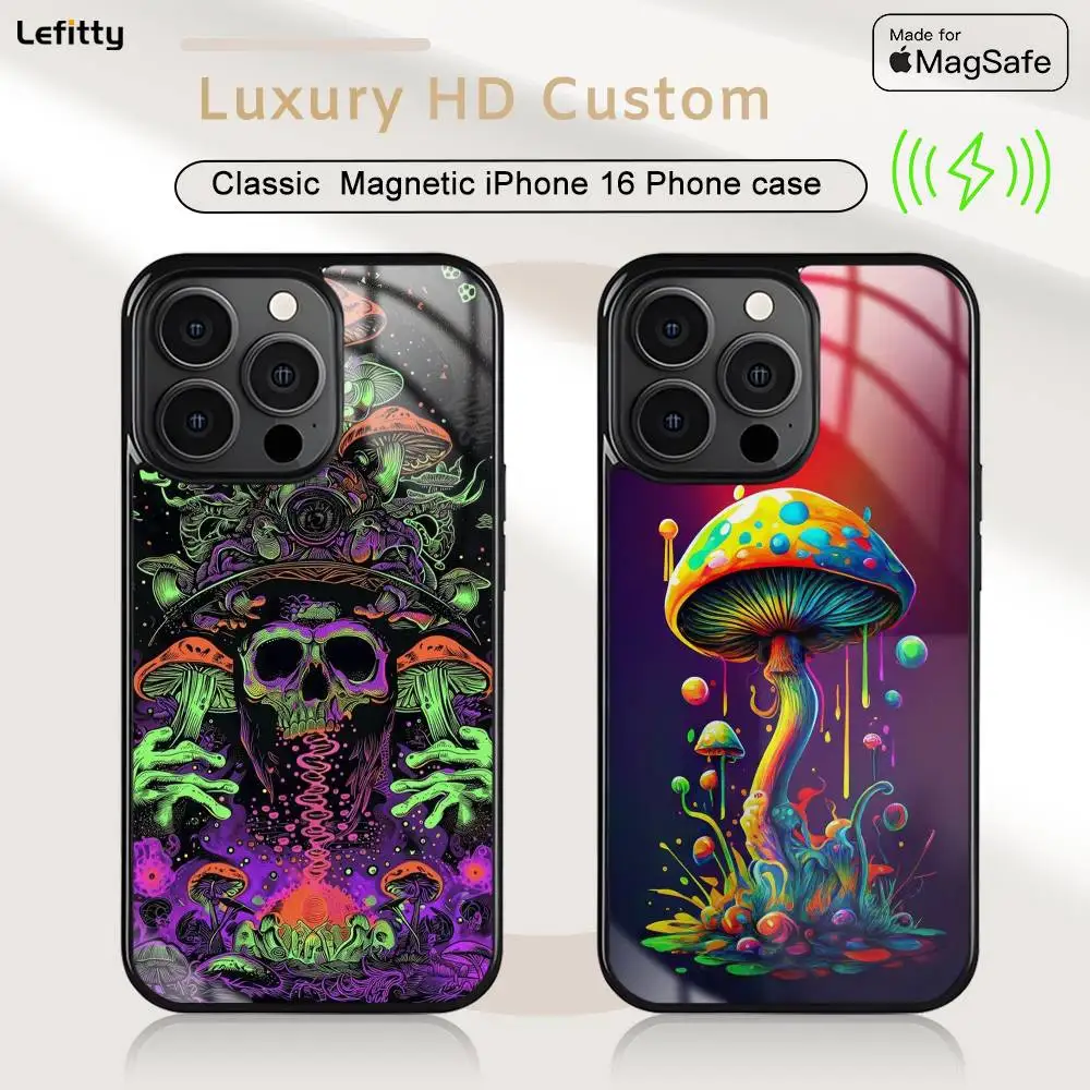 

Psychedelic Mushrooms Phone Case For iPhone 16 15 14 13 12 11 Pro Max Plus Mini Magsafe Charging Cover Magnetic Hard Shell