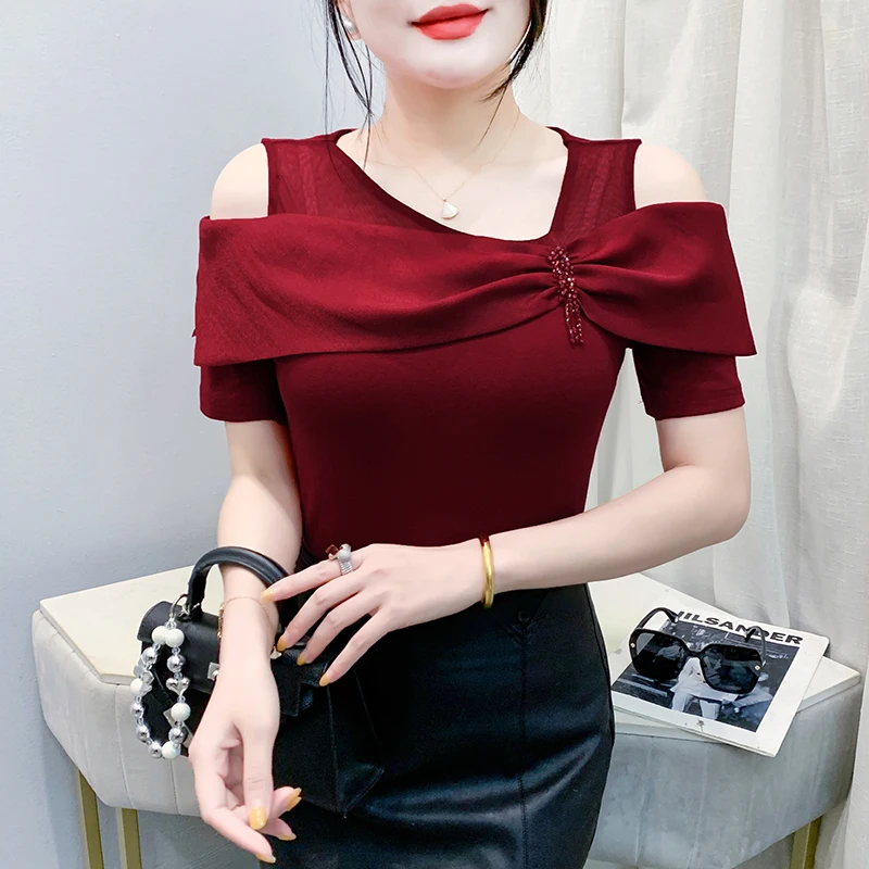 

New,Black,Summer,Korean,Style,T-Shirt,Fashion,Sexy,Patchwork,Off,Shoulder,Shiny,Beading,Women,Tops,Short Sleeve,Hot,Tees,582802