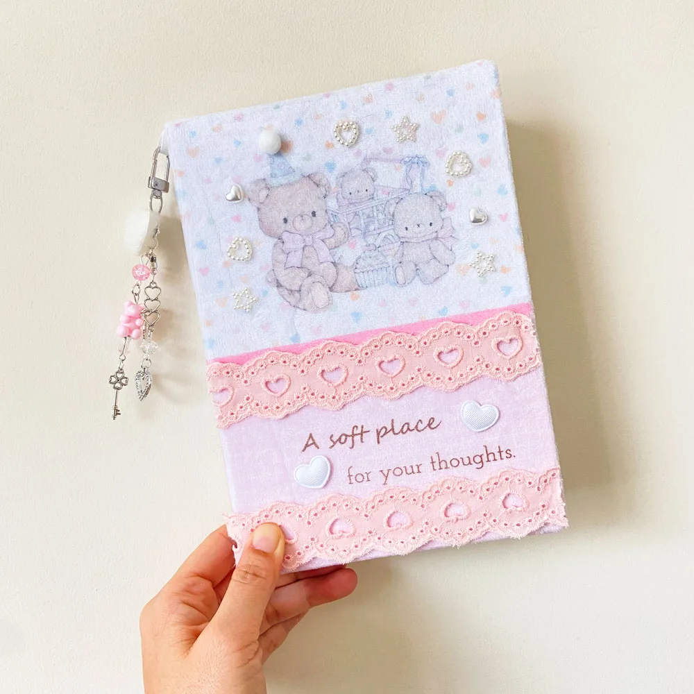 A5 Plush Bear Notebook Soft Fuzzy Journal with Lace Heart and Detachable Charm, Kawaii Lined Diary Gift for Girls 96 Pages