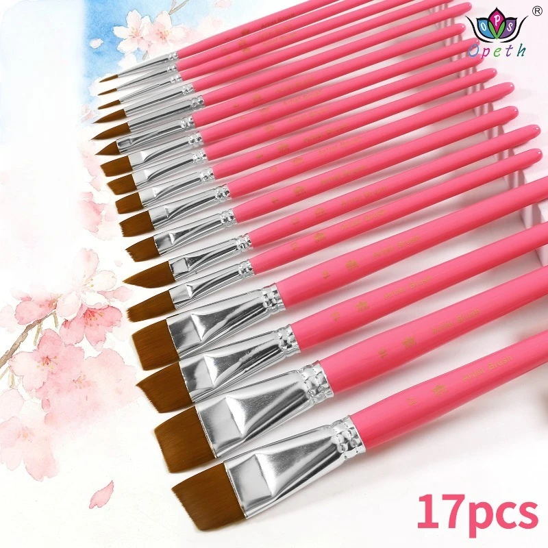 17pcs Pink Wood Handle Nylon Paint Brushes Set, Kids Watercolor Outline & Oil Painting Art Brush Kit Office & School Supplies