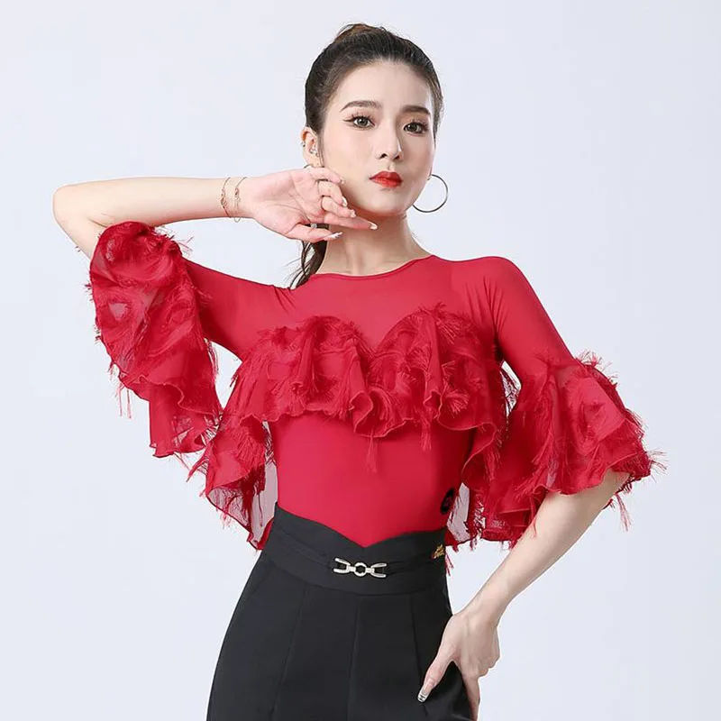 2023 New Pink  Balck Latin Dance  Tops Leotard  Women Performance Ballroom Practice Clothes Standard Waltz Dancing  Blouse