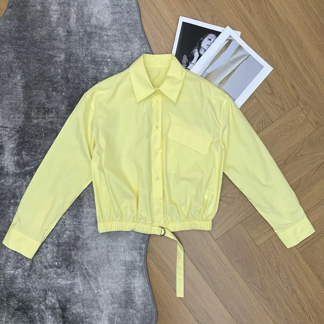 

Elegant Fashion Sweet Yellow Cotton Loose Shirt Women Turn-down Collar Long Sleeve Belt Decoration Pocket Casual Blouse