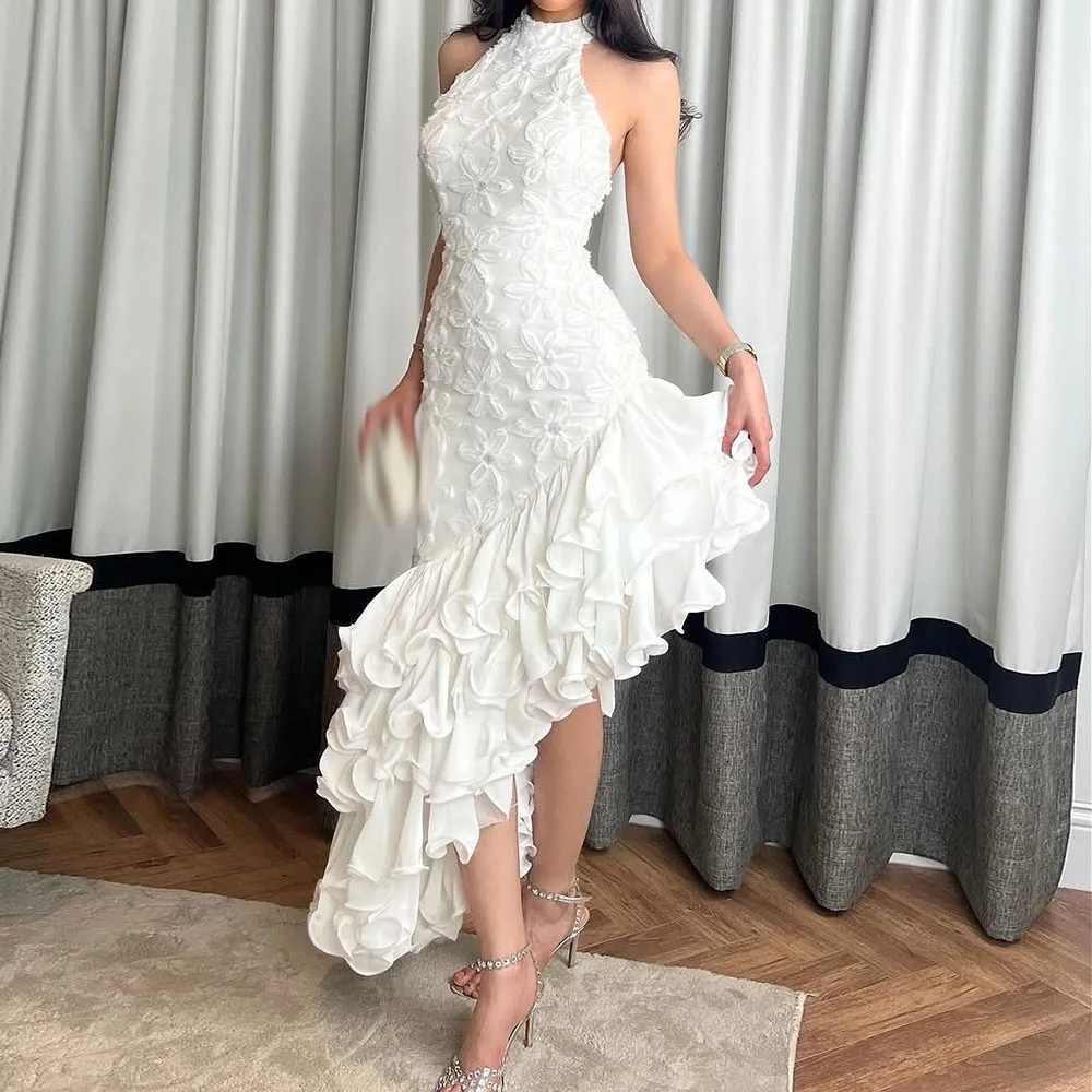 

Customized Asymmetrical Evening Dresses Ankle-Length High-Neck Sleeveless Prom Gown Fashion Flowers Simple Draped Party Gown