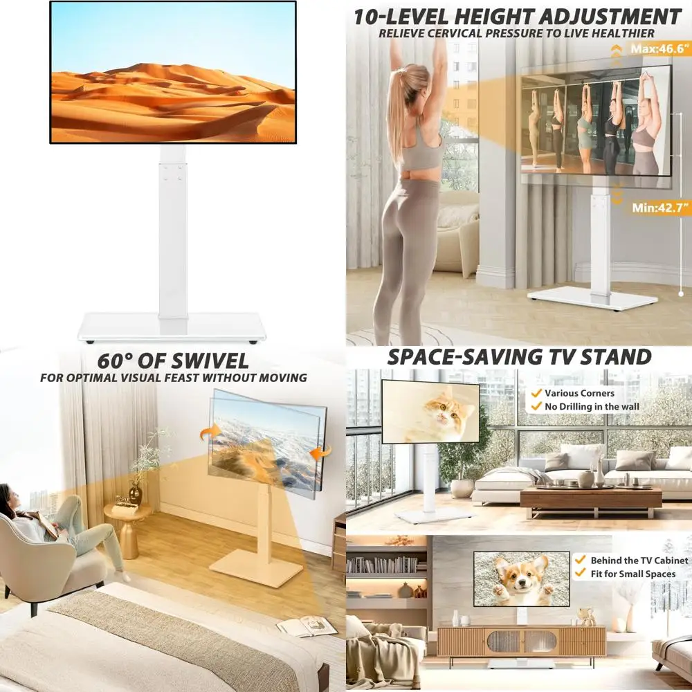 

Universal Swivel TV Stand with Adjustable Height for 32-70 Inch TVs, Supports up to 110 Lbs, White Tempered Glass Base, Long-Las