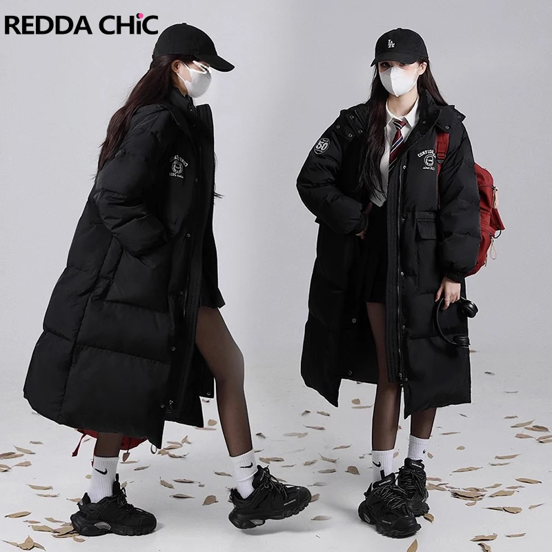 

ReddaChic Removable Hood Women Black Down Jacket Winter Warm Puffer Coat Graphic Long Sleeves Quilted Parkas Casual Outerwear