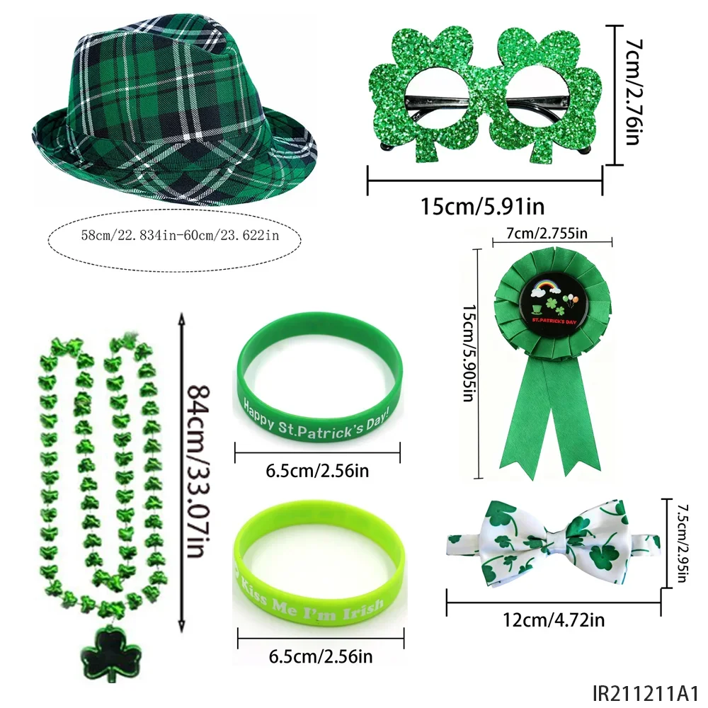 Accesorios del Día de San Patricio: gorros blandos, corbatas, collares de gafas, insignias, patrones de pegatinas, etc., aptos para trajes de fiesta.