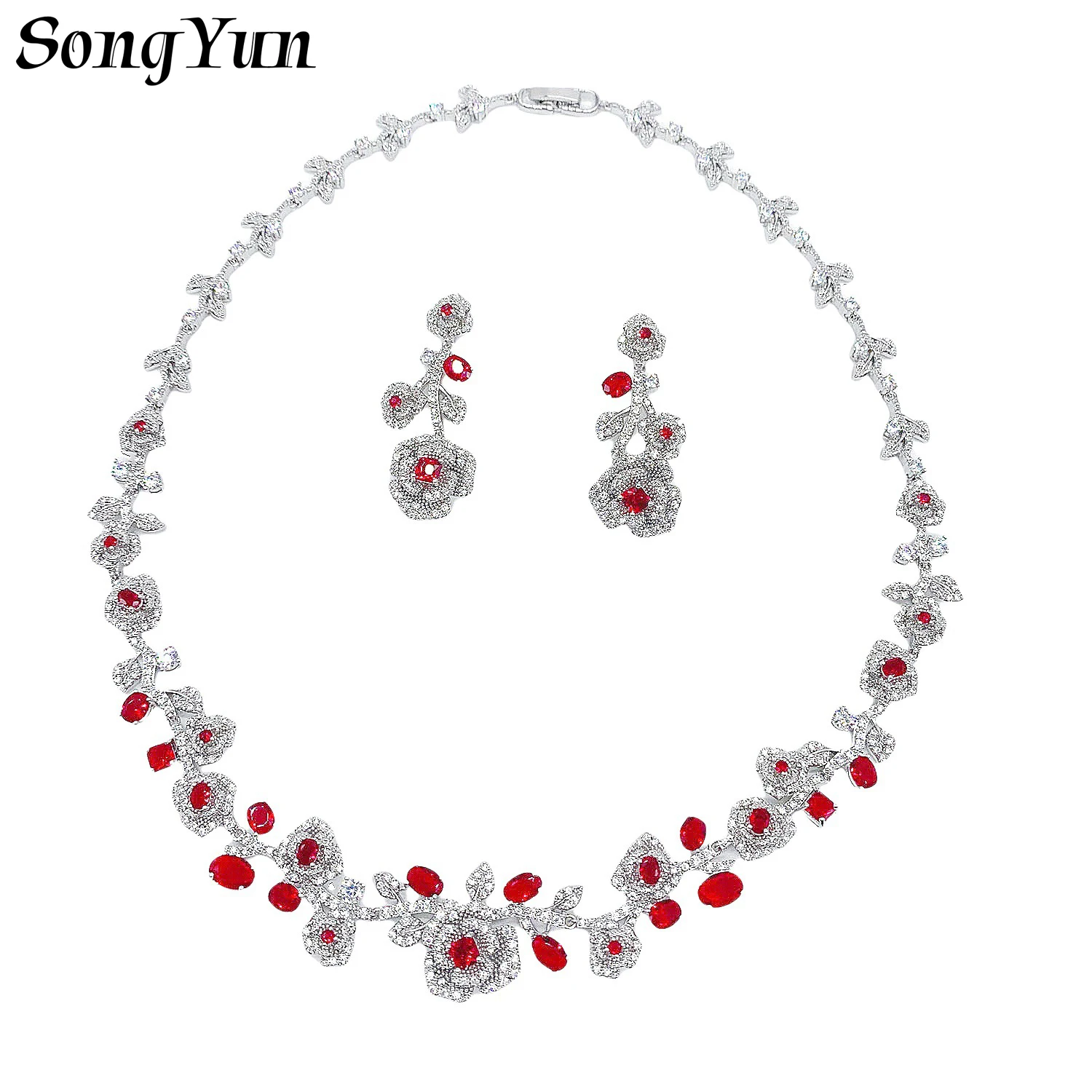 

Luxurious Cubic Zircon Roses Flower Jewelry Sets Floral Earrings and Necklace Set for Engagement Wedding Party Bridal Jewelry