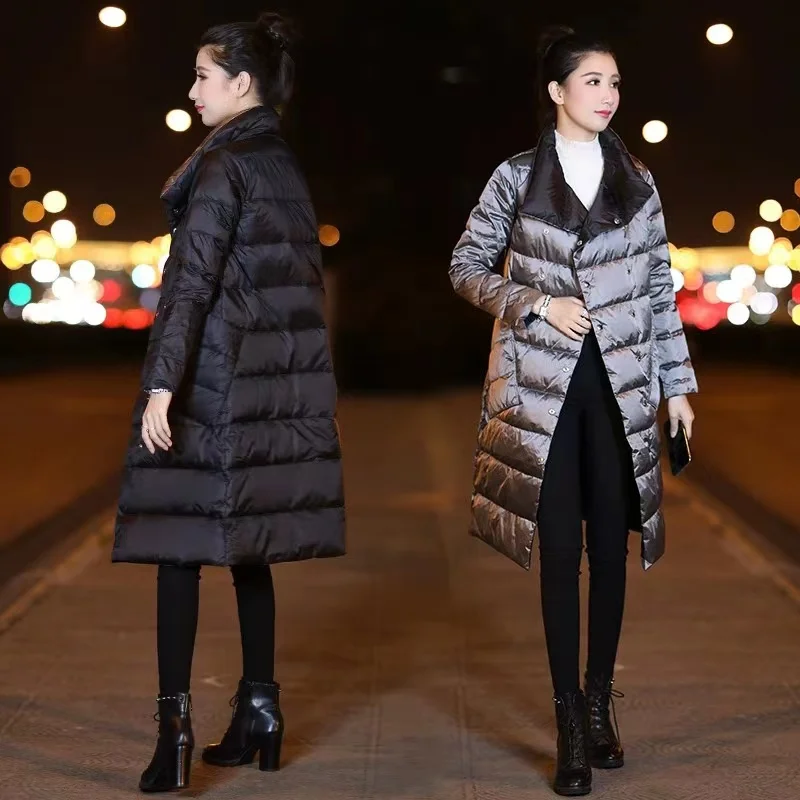 2023 New Women Double Sided Down Long Jacket Winter Turtleneck White Duck Down Coat Double Breasted Warm Parkas Snow Outwear