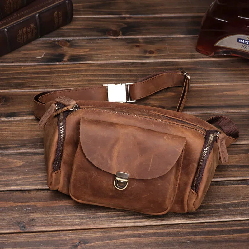 حقيبة صدر جلدية جديدة من ريترو كريزي هورس، حقيبة خصر من جلد البقر الأصلي ذات سعة كبيرة للسفر في الهواء الطلق #3