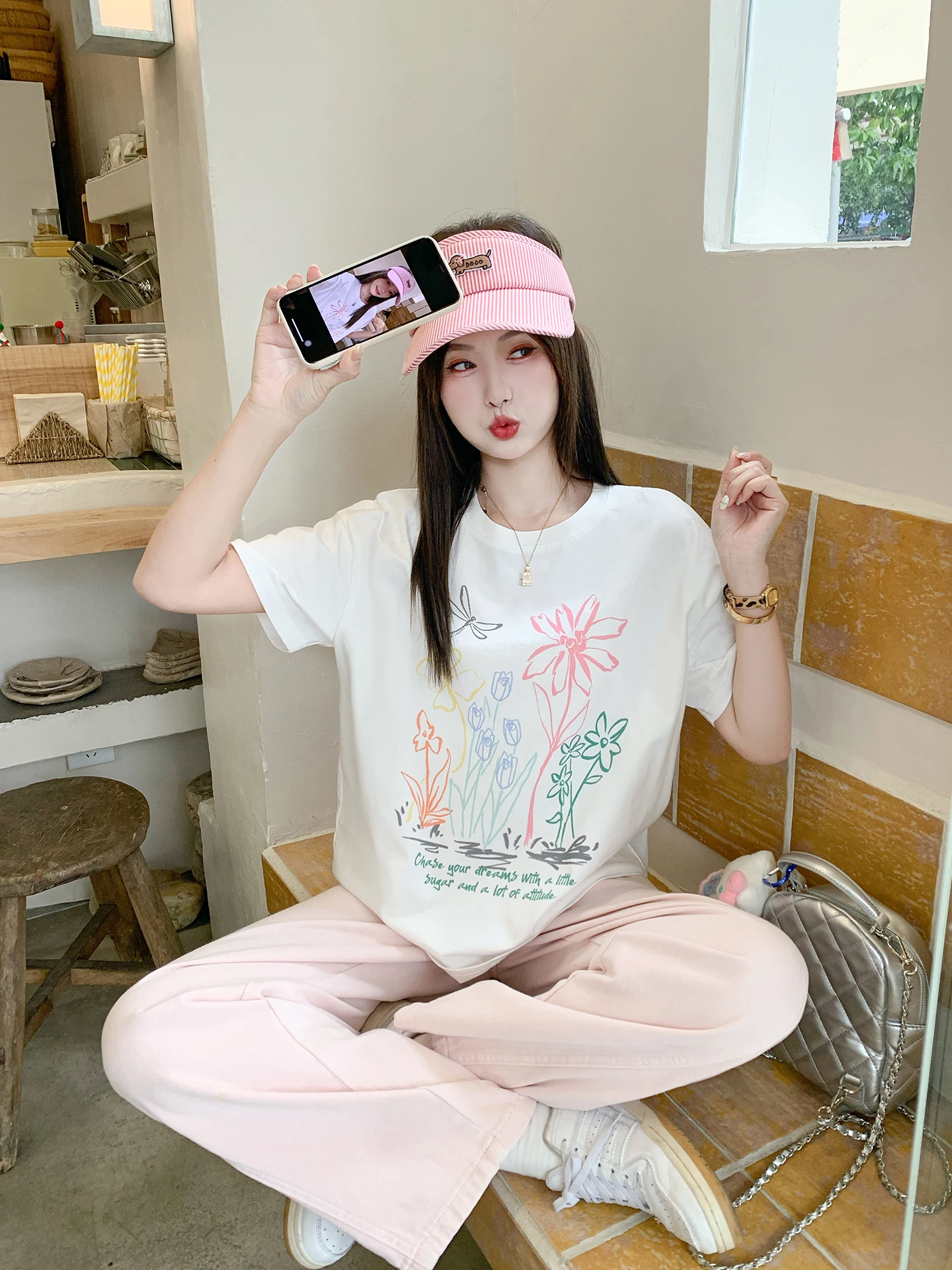 

Cheng Xiao Xian Korean Sle Loose Fit ort Sve T-irt Women's Summer New Beautiful Youthful f Sve Top
