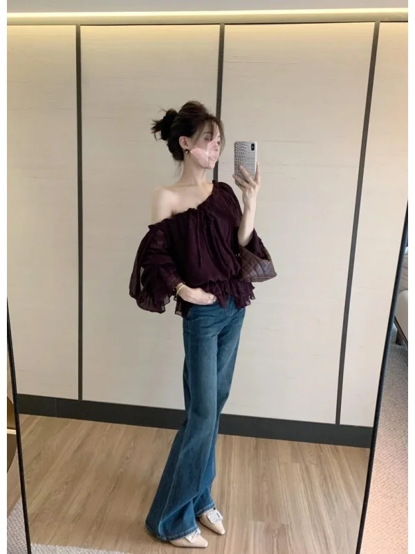 

Фиолетовое женское платье на одно плечо, модное, весна 2026, во французском стиле, с длинными рукавами, круглым вырезом, на пуговицах, с рукавами-колокол