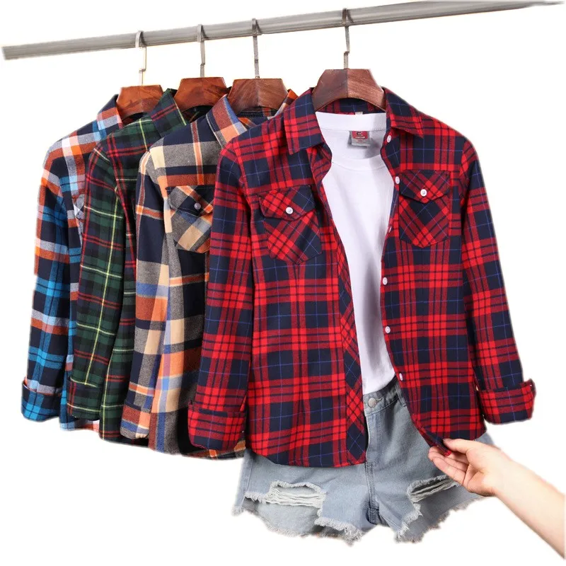 Camisas Xadrez das Mulheres novas M-5XL Blusa De Algodão Feminino Camisa Camiseta Manga Longa Slim Turn-down Collar Blusas Mulheres Camisas