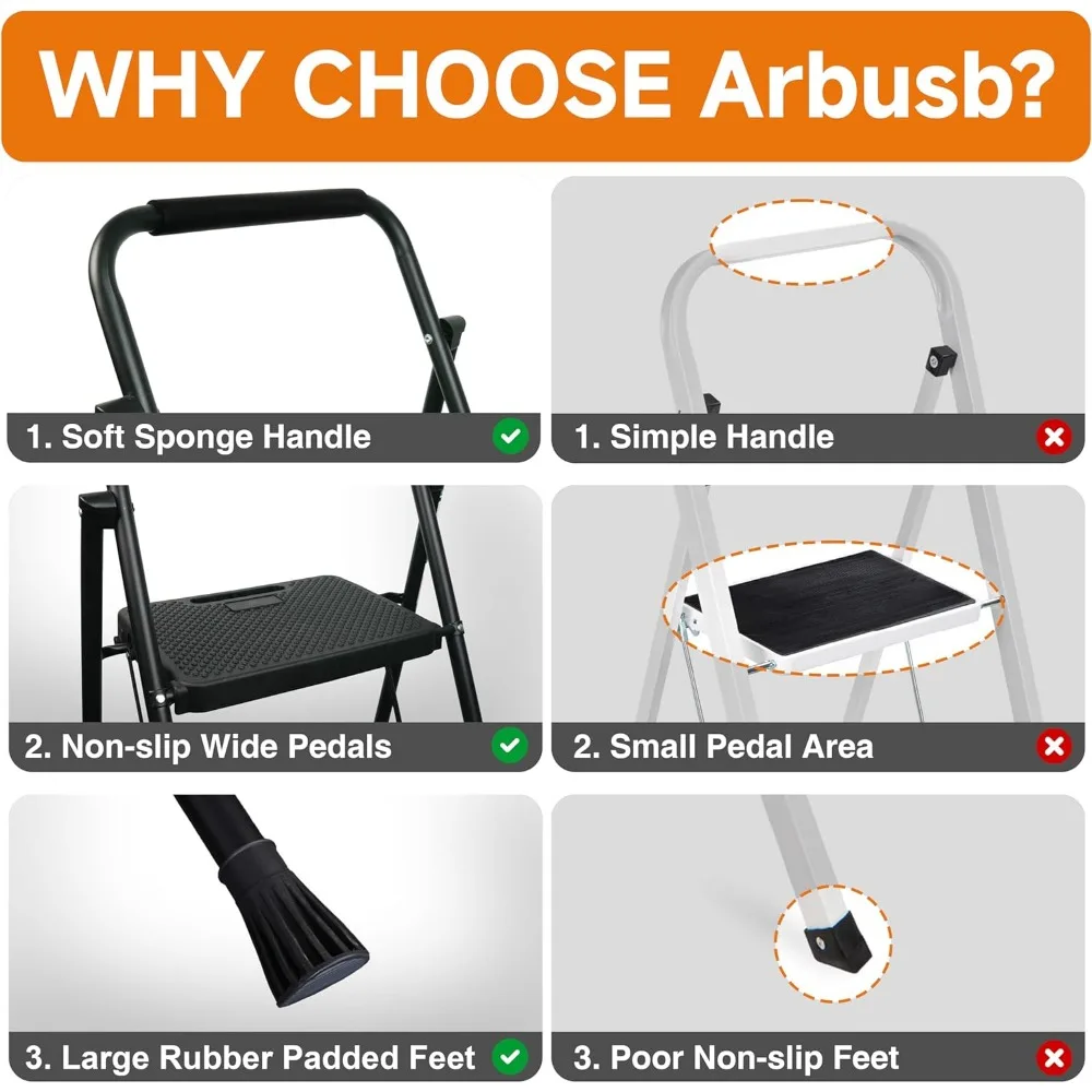 سلم فولاذي قابل للطي بثلاث خطوات مع مشطات مضادة للانزلاق، سعة 500 رطل، محمول وقوي، مثالي للاستخدام المنزلي والورش #5