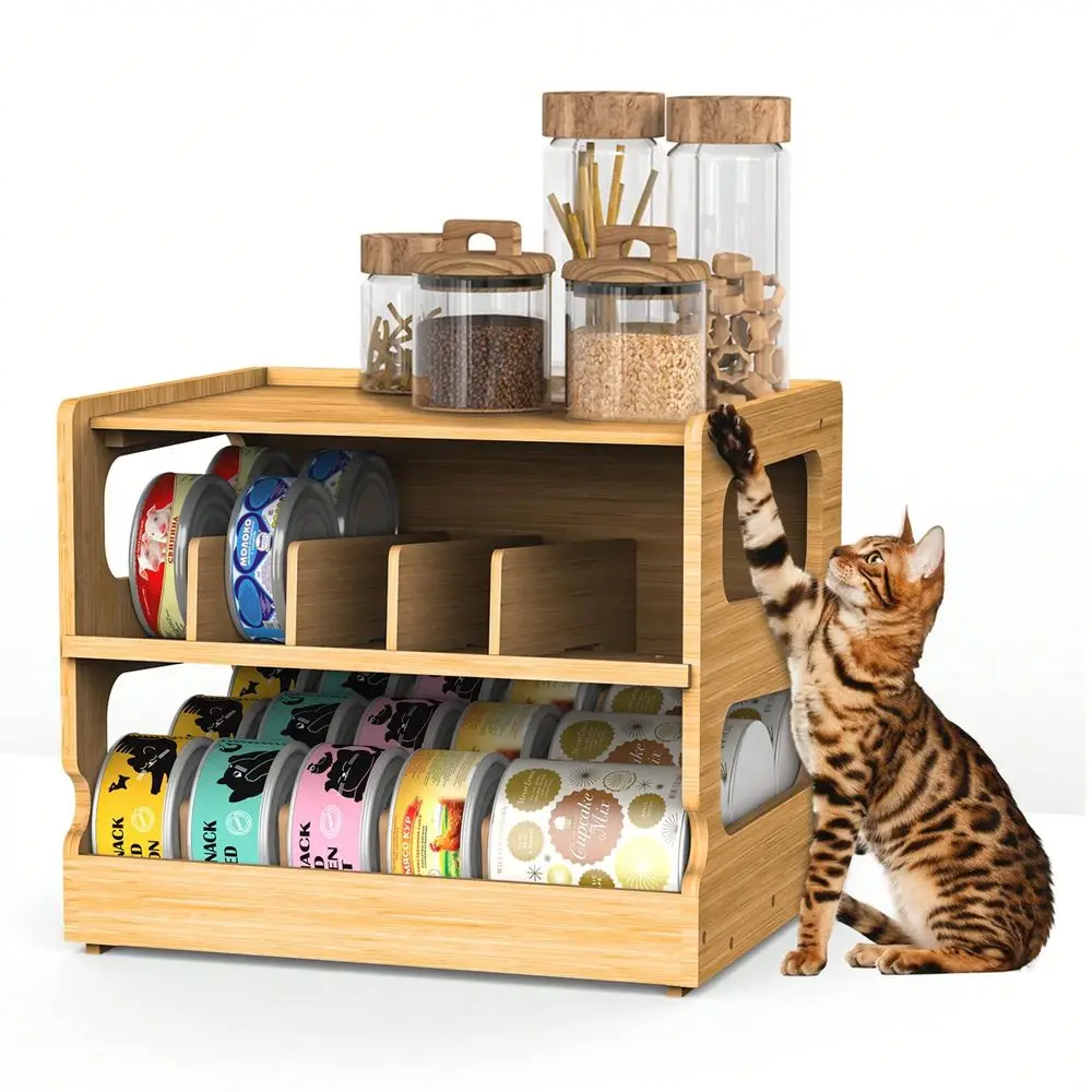 Stackable Bamboo Cat Food Organizer, 2Tier Adjustable FIFO Can Dispenser SpaceSaving Storage, Holds Up To 36