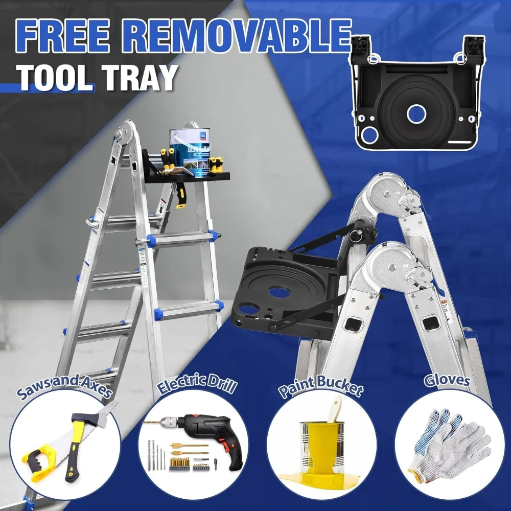 

A Frame 4 Step Extension Ladder 17 Ft, Removable Tool Tray and Stabilizer Bar, 330 lbs Capacity for Household and Outdoor Work