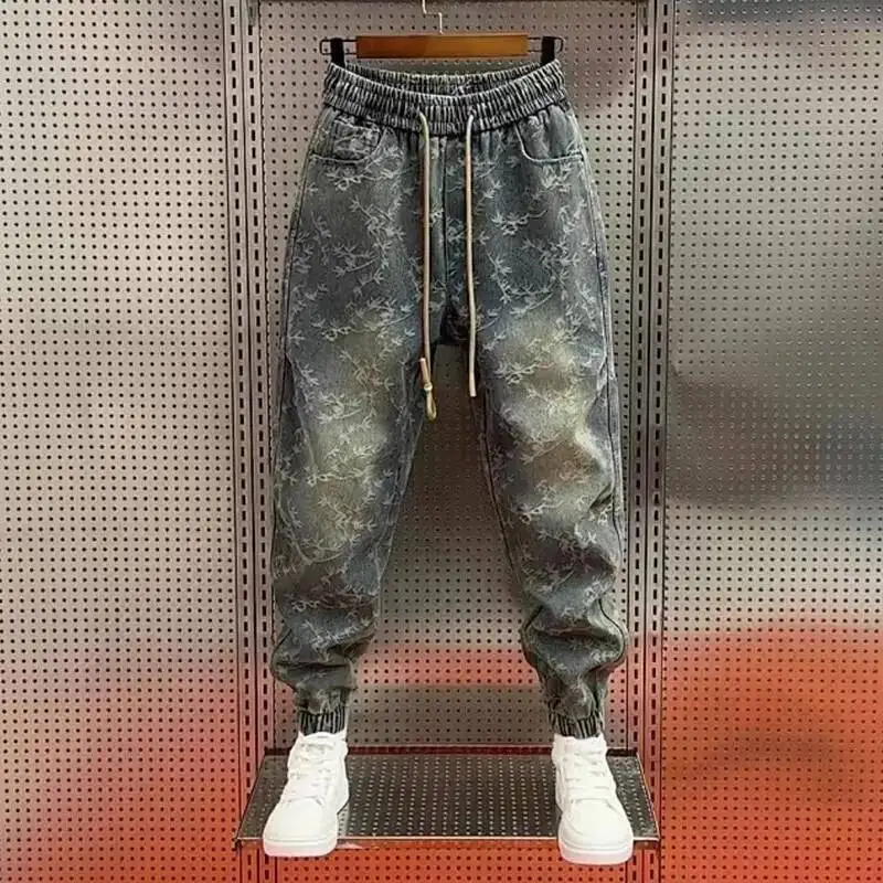 

Мужские джинсы S, свободные жаккардовые повседневные американские брюки с завязками на талии, универсальные модные весенне-осенние шаровары