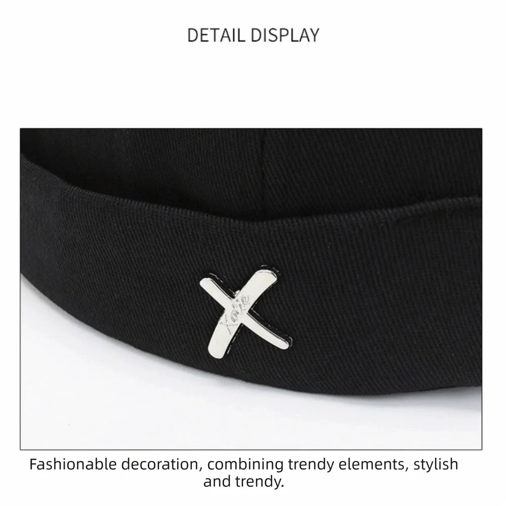 Leisure Vintage Dome Melon Cap Hip Hop Metal X Logo Brimless Skullies Cap Soft Retro Brimless Hat All-match