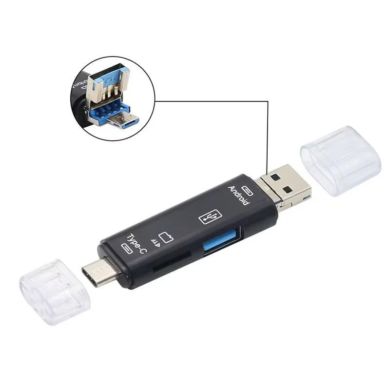Leitor de Cartão de Memória Multifuncional 5 em 1 USB 2.0 Tipo C, USB Micro, SD, TF para Android, Computador, Dock, Adaptador OTG Tipo C