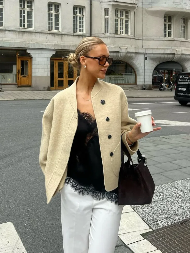 

Casual Woolen Loose Coat for Women Single Breasted Round Neck Full Sleeve Jacket Autumn Lady Daily Commute Street Outerwears