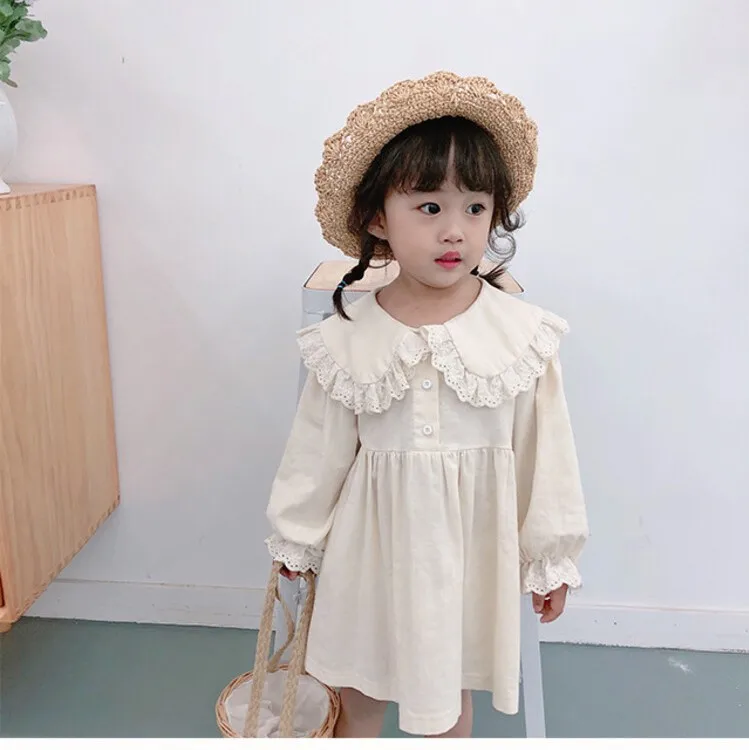 Girls lace collar solid color dress Spring and autumn Korean version of children long-sleeved princess skirt