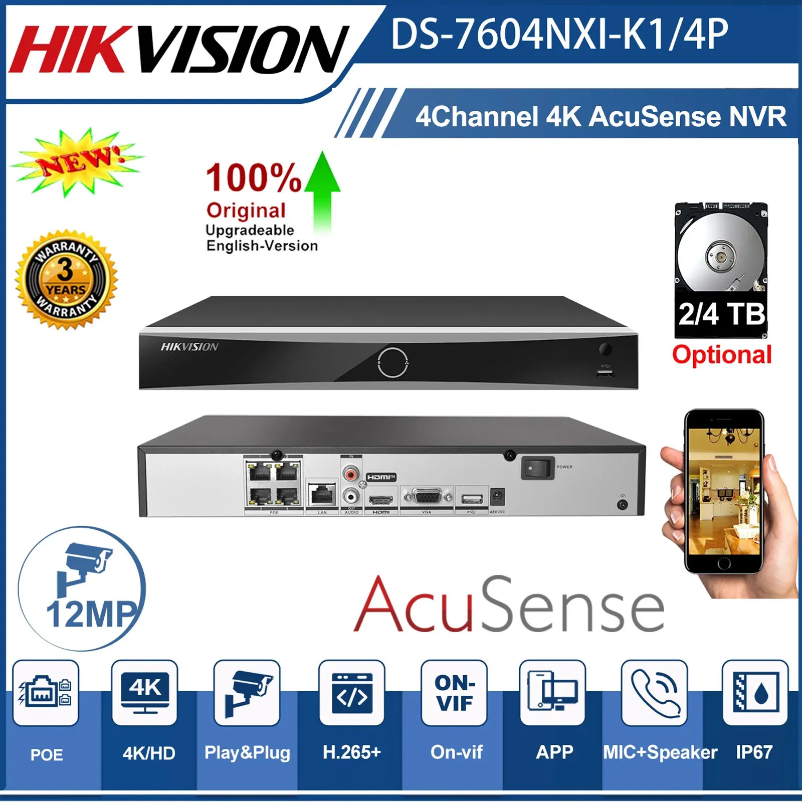 Hikvision DS-7604NXI-K1/4P 4K NVR 4-Channel POE Acusense for IP Camera CCTV System Upgradable from DS-7604NI-K1/4P