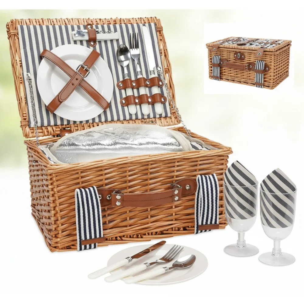 

Handmade Wicker Picnic Basket Set for Couples with Insulated Cooler & Cutlery Kit - Perfect for Outdoor Dates
