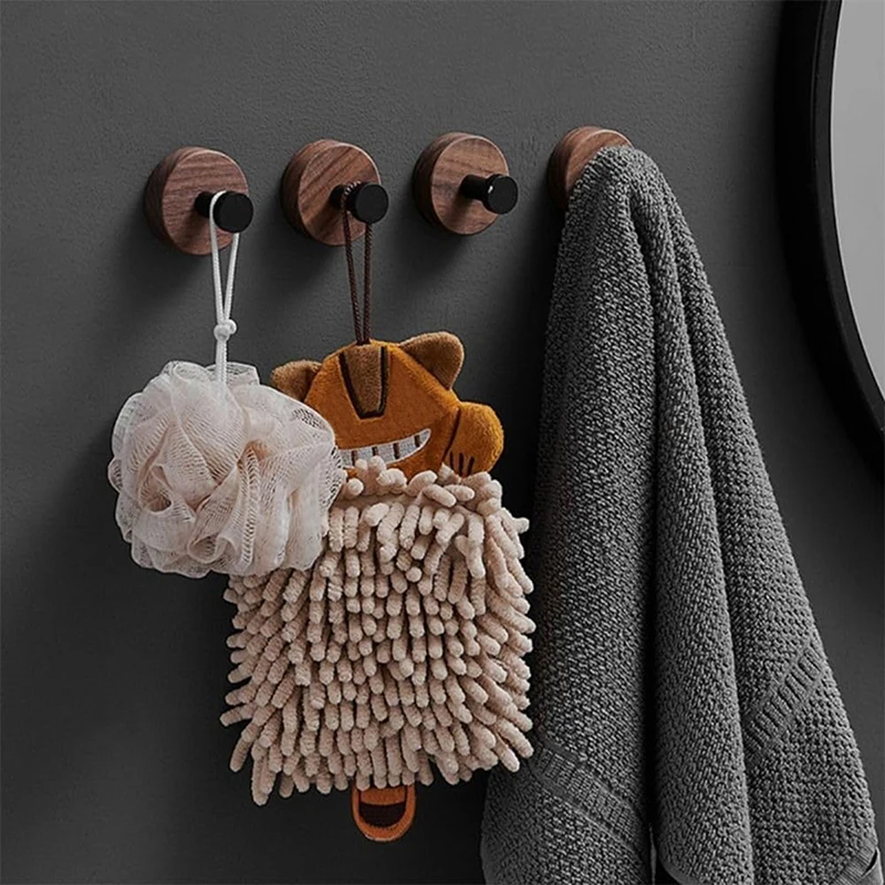 No Drilling Walnut Wood Coat Rack Hooks Black Wall Hangers for Hanging Key Clothes Bathroom Kitchen Robe and Towels and Entryway