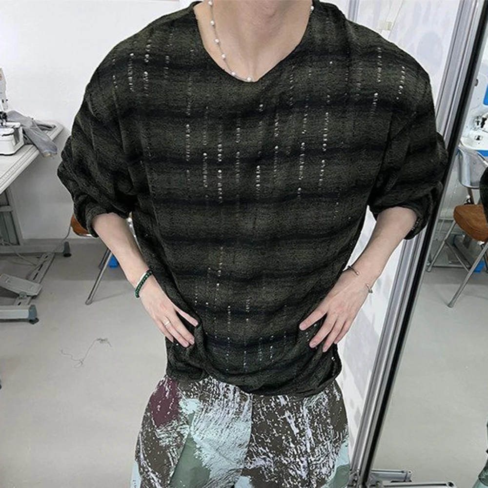 Mens Gradient Ripped Hollow Out Knit T Shirt Streetwear Fashion Youth Outdoor Trend Thin Long Sleeved Top Men'S Clothing 2026