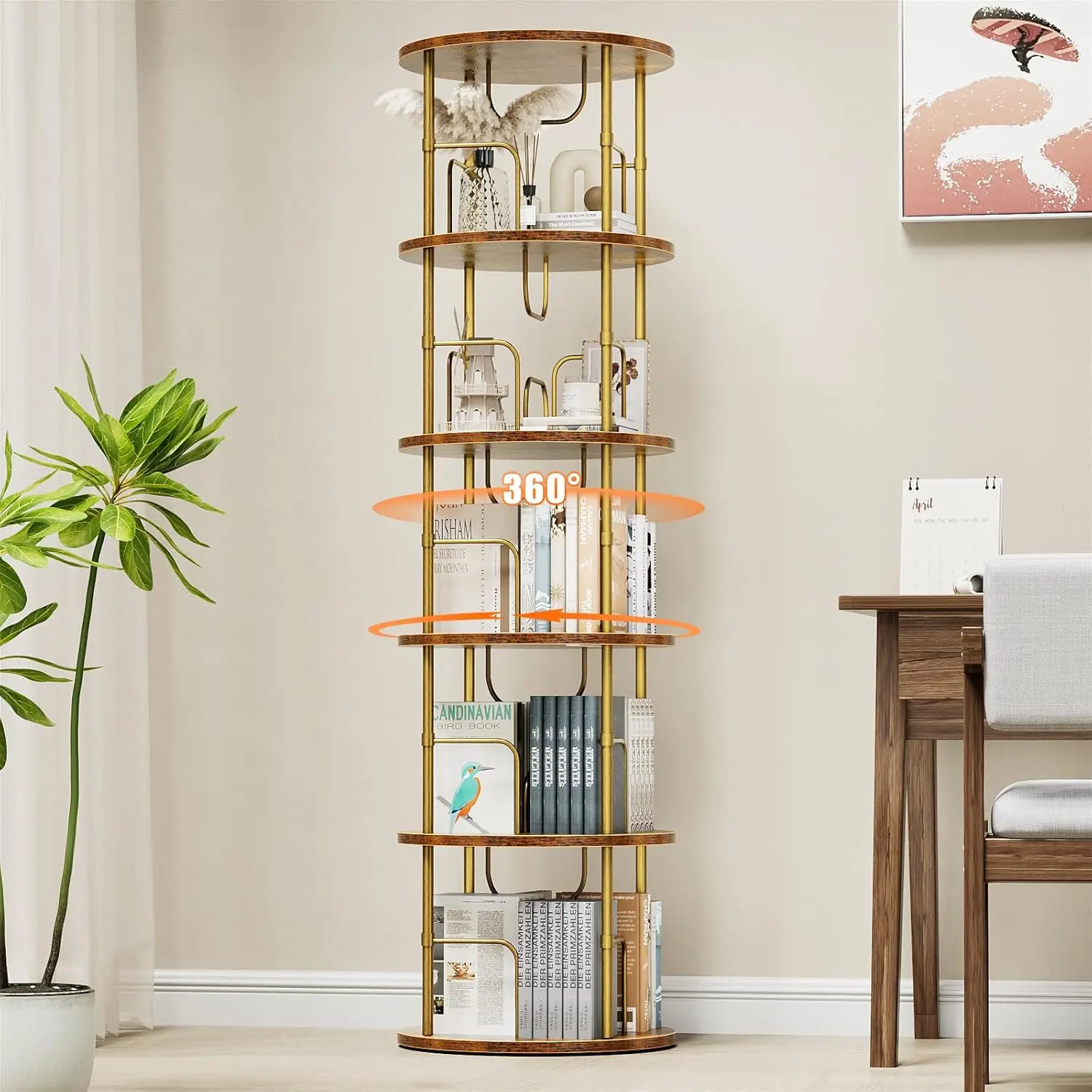 

5 Tier Rotating Bookshelf, 360 ° Display Stackable Spinning Bookshelf Tower, Narrow Space Saving Tall Floor Standing Swivel