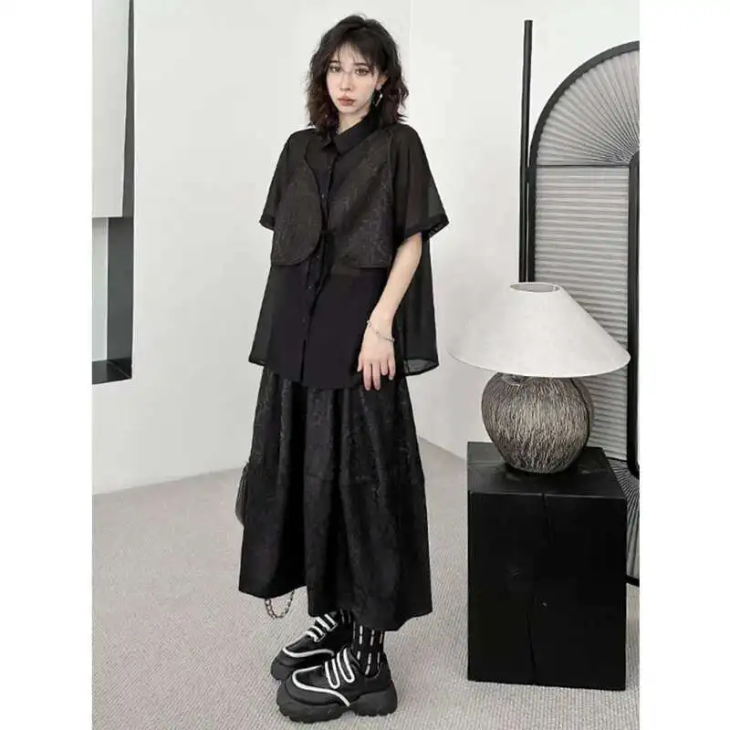 

[Vibe] Black Shirt Big Size Half-body Skirt Two Pieces Suit New Lapel Short Sleeve Women Fashion Tide Spring Summer 2025
