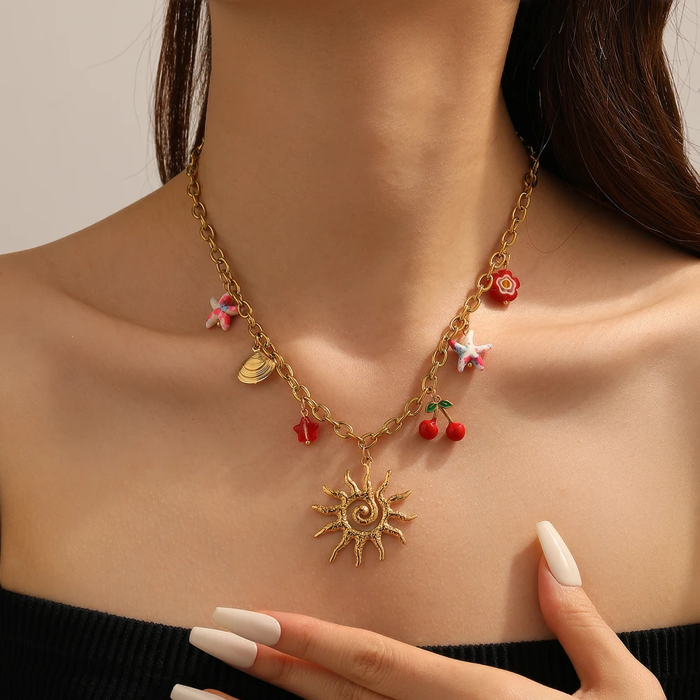 Edelstahl Goldene Sonne Totem Kirsche Seestern Blume Halskette Frauen Neue Mode Hals Kette Schmuck Party Geschenk