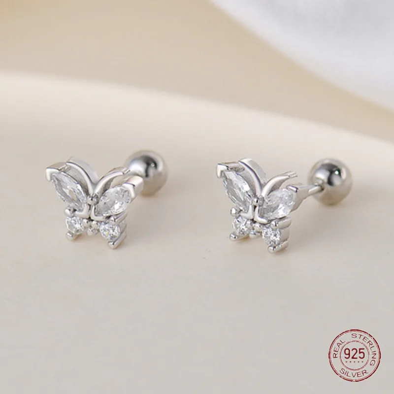 Pendientes de tuerca de circón con incrustaciones de mariposa de Plata de Ley 925 para mujer, Mini pendiente de insecto de tornillo de tendencia, regalo de joyería de lujo, 2023