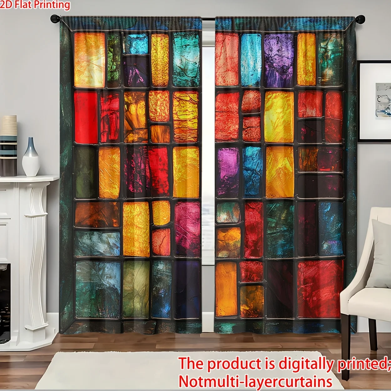 Vintage Stained Glass Window Curtain 2 Panels, Bright Multicolor Square Block Print Dark Frame Tone Bedroom Home Decor Curtain