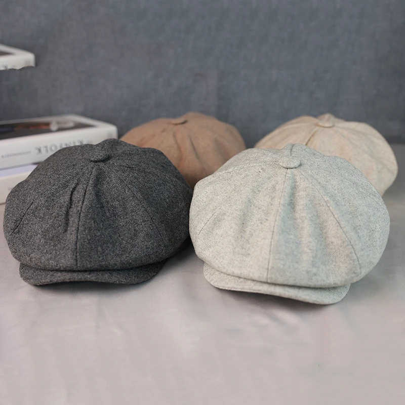 Wool Men Newsboy Cap Gray Beige Khaki Men Women British Gatsby Retro Hat Driver Flat Cap for Male Vintage Beret for Men FLN01