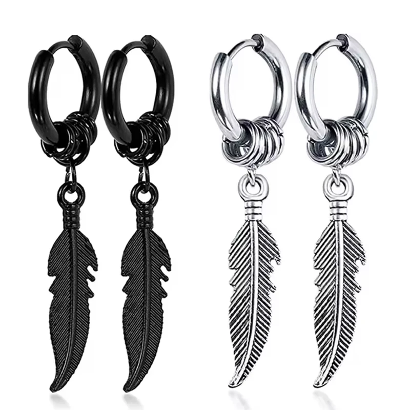 2Pcs Korean Fashion Cross Feather Stud Earrings, Punk Rock Hiphop Style Stainless Steel Ear Jewelry for Women Men