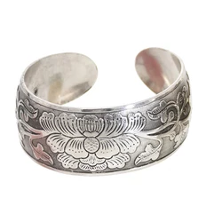 Classic Vintage Silvery Tibet Cuff Bracelet For Women Boho Ethnic Metal Carved Flower Bangles Gypsy Tribal Afghan India Jewelry