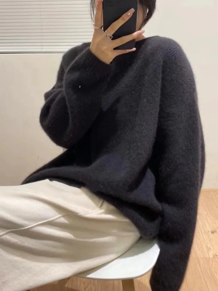 

Retro cherry red 100% pure cashmere sweater women thick round neck lazy wind loose sweater pullover bottoming knitting