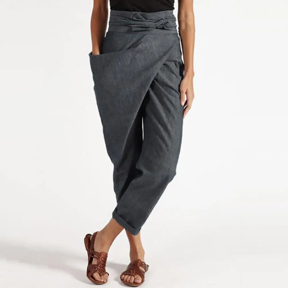 

Ladies harem pants fashion casual asymmetrical loose high waist solid color unilateral pocket pants plus size trousers