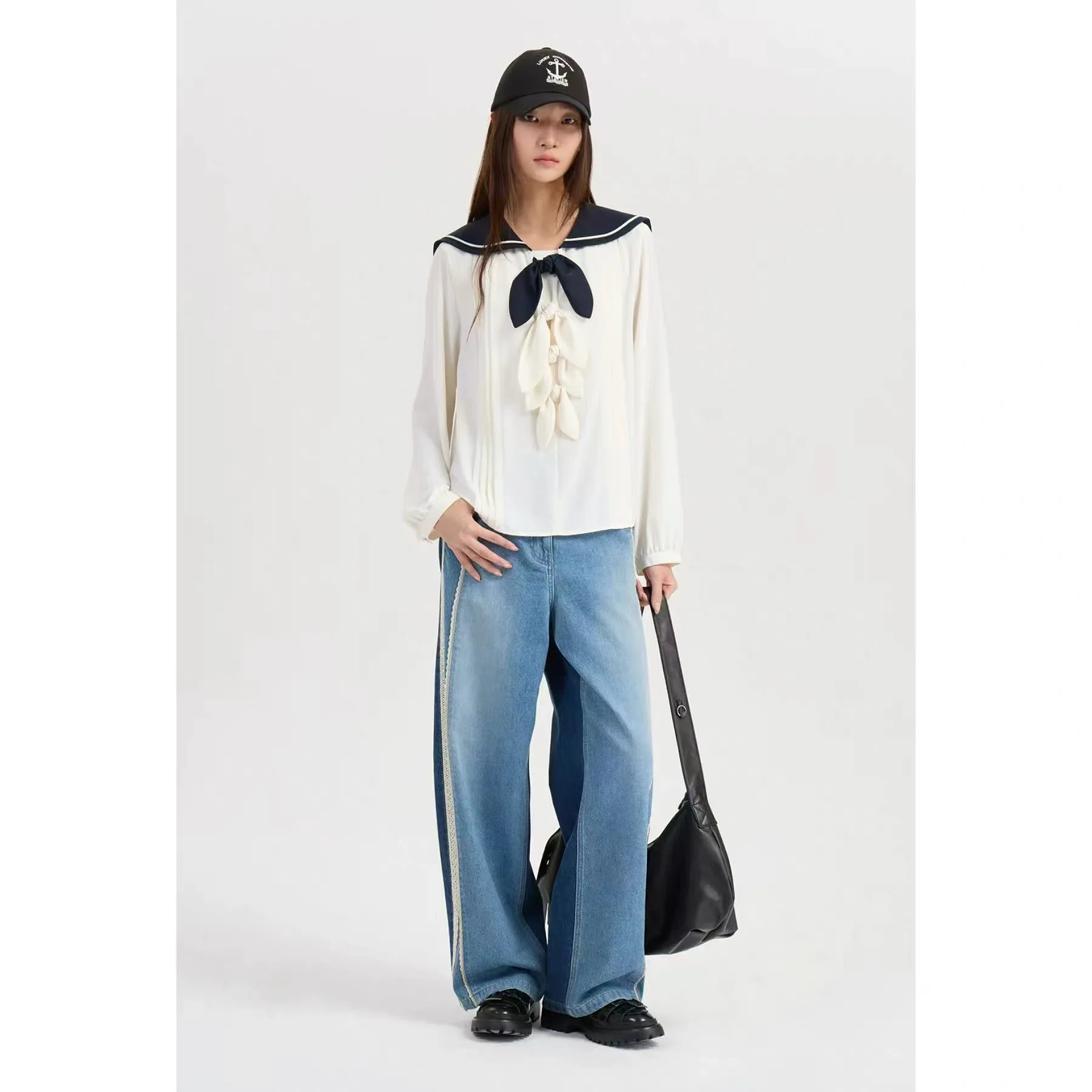

LUC26 Spring Anti-Aging Casual Navy Collar Knot Decorative Versatile Long Sleeve Shirt Women's Commute Style Loose Fit