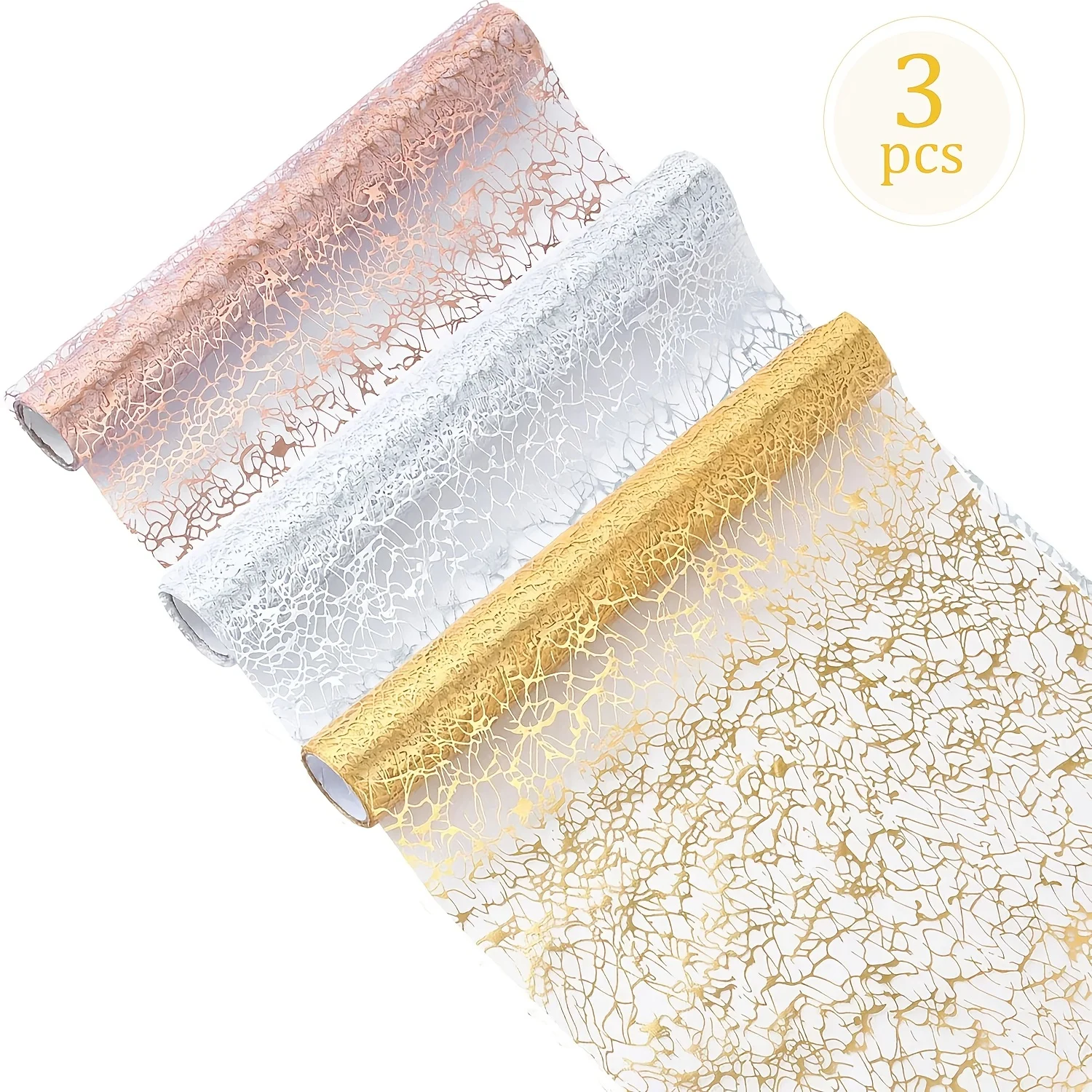 3 Pcs Golden/Rose Golden/Silvery/ Table Runner, Sequin Glitter Foil Metallic Mesh Table Runners Roll Rectangle Polyester Table D