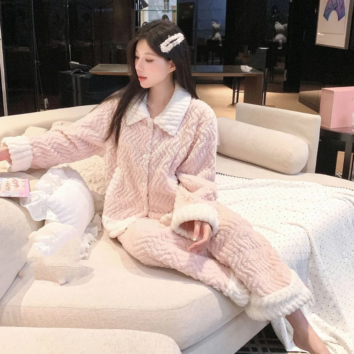 

Зимний жаккардовый женский пижамный комплект из кораллового флиса, утолщенная фланелевая рубашка с длинными рукавами, брючный пижамный костюм, свободная фланелевая домашняя одежда