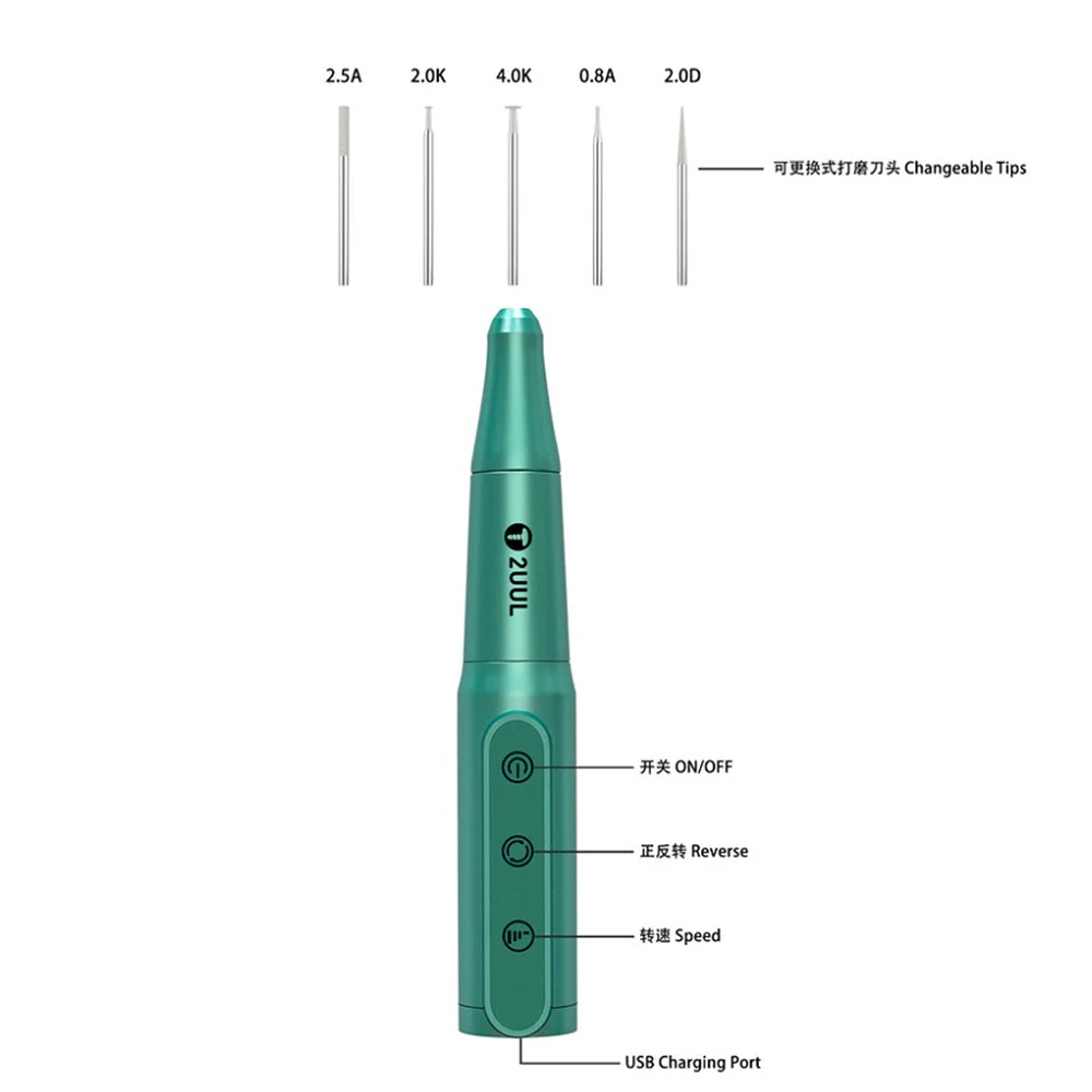 2UUL DA81 Electric Rechargeable Polishing Grinding Pen With Various Grinding Heads for Mobile Phone Motherboard CPU Maintenance