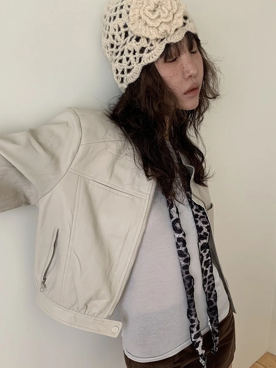 أنيقة ort Double ket عالية الياقة دراجة نارية Jaet المرأة تصميم فريد من نوعه Bla PU معطف جلد Sli الخريف Faion #5