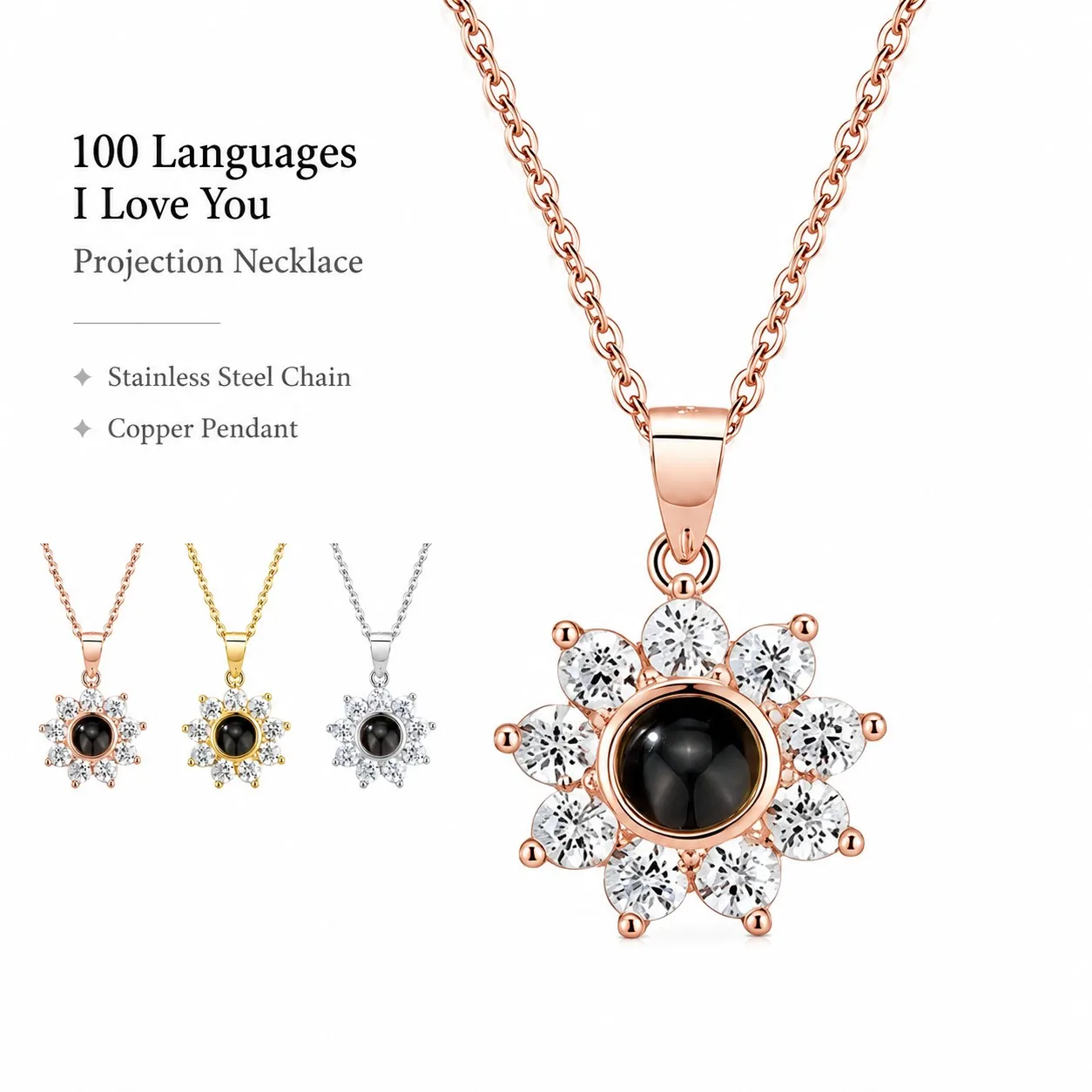 100 Languages Projection Sunflower Pendant Necklaces For Women With Rose Gift Box Christmas Valentine Birthday Jewelry