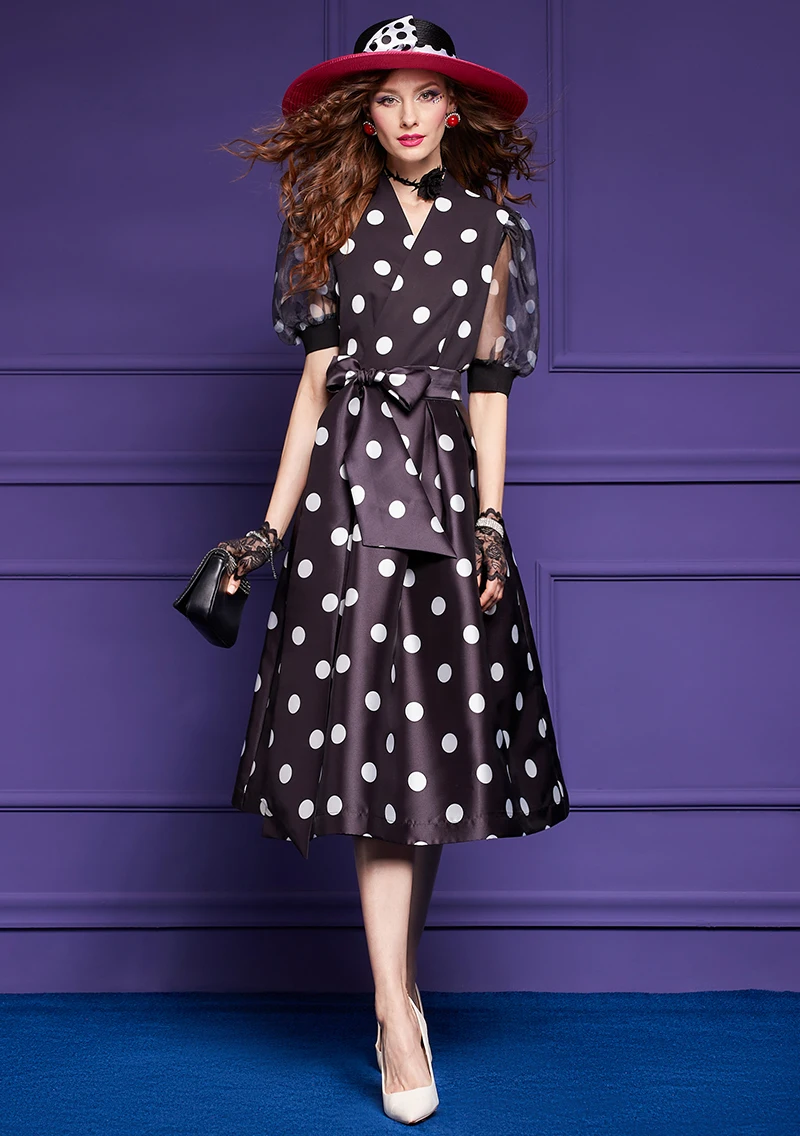 ZJYT Designer Summer Polka Dot Print Dress Women 2024 Fashion Short Sleeve Vintage Midi Prom Party Dresses Black Aline Vestidos