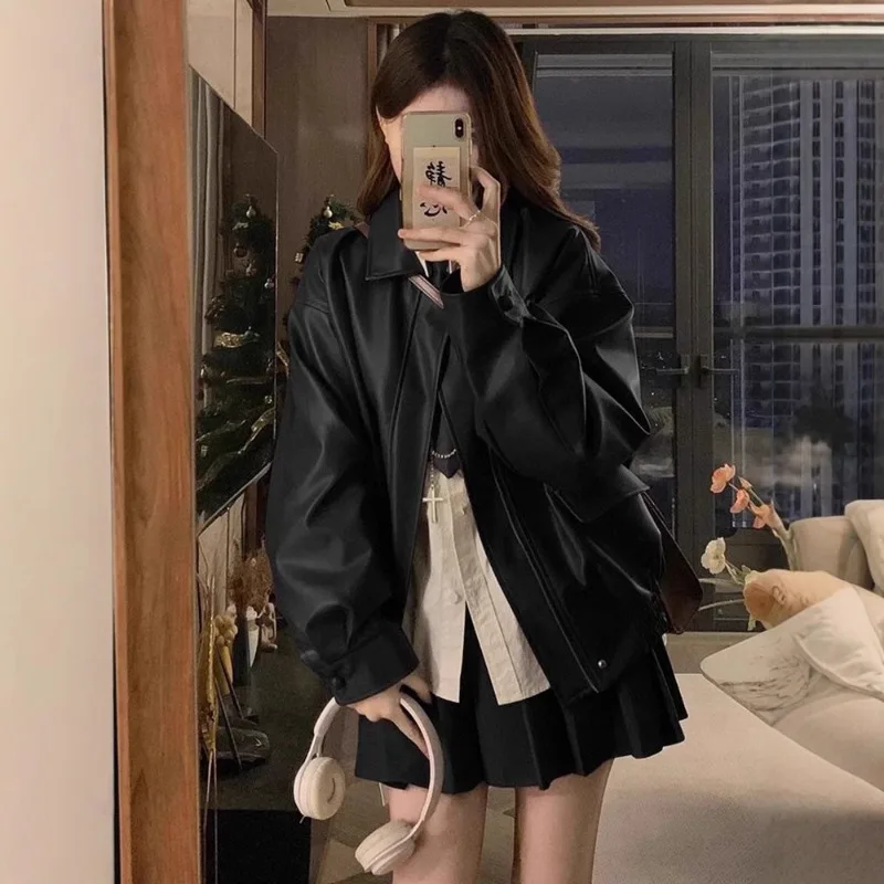 

Women's Solid Retro PU Couple Black Jacket Autumn Casual Top Female Fashion Long Sleeved Warm Spliced Pockets Coat New in Jacket
